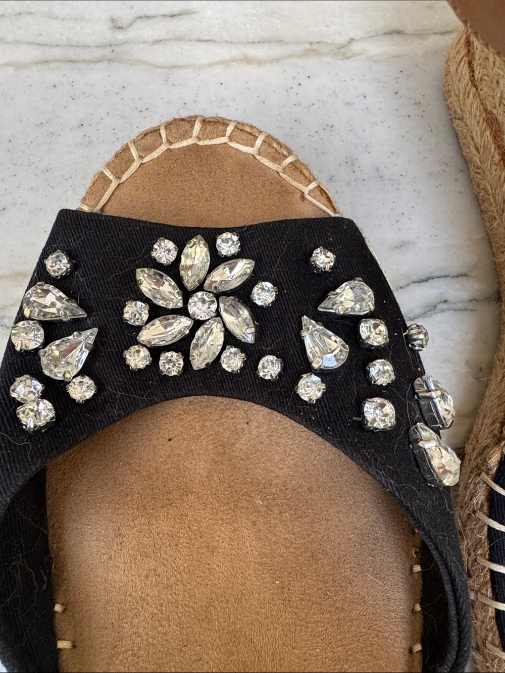White Mountain Black Rhinestone Espadrille Wedge Sandal with Tan Ankle Strap - Picture 6 of 6